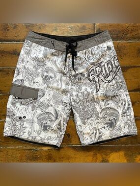 Vintage Y2K Rip Curl Board Shorts 34 Snake Koi Fish Skull Tattoo Swim Shorts